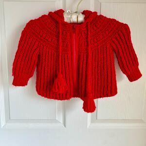 Vintage Hand Knit Bright Red Baby Cardigan with Hood and Tassels, 12 months